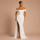 Lorena - Vestido maxi satinado con hombros descubiertos y abertura alta