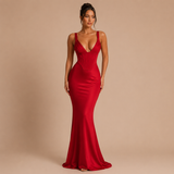 Martina - Vestido maxi satinado con corpiño estructurado y silueta sirena