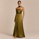 Julia - Vestido maxi satinado strapless con pañuelo al cuello y falda fluida