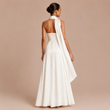 Julia - Vestido maxi satinado strapless con pañuelo al cuello y falda fluida