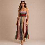 Paloma - Vestido palabra de honor plisado con estampado multicolor de rayas