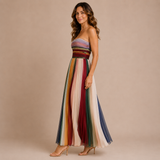 Paloma - Vestido palabra de honor plisado con estampado multicolor de rayas