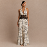 Anita - vestido halter drapeado con cintura de encaje y falda fluida estampada