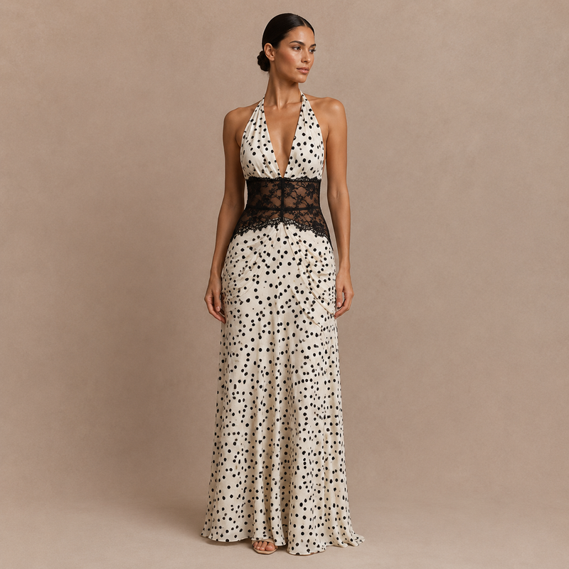 Anita - vestido halter drapeado con cintura de encaje y falda fluida estampada