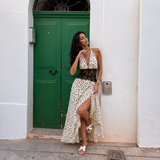 Anita - vestido halter drapeado con cintura de encaje y falda fluida estampada