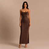 Jasmyn - Vestido Chocolate Crystal Mesh Maxi