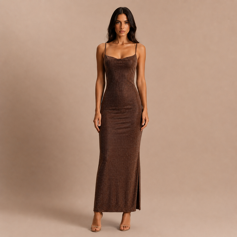 Jasmyn - Vestido Chocolate Crystal Mesh Maxi
