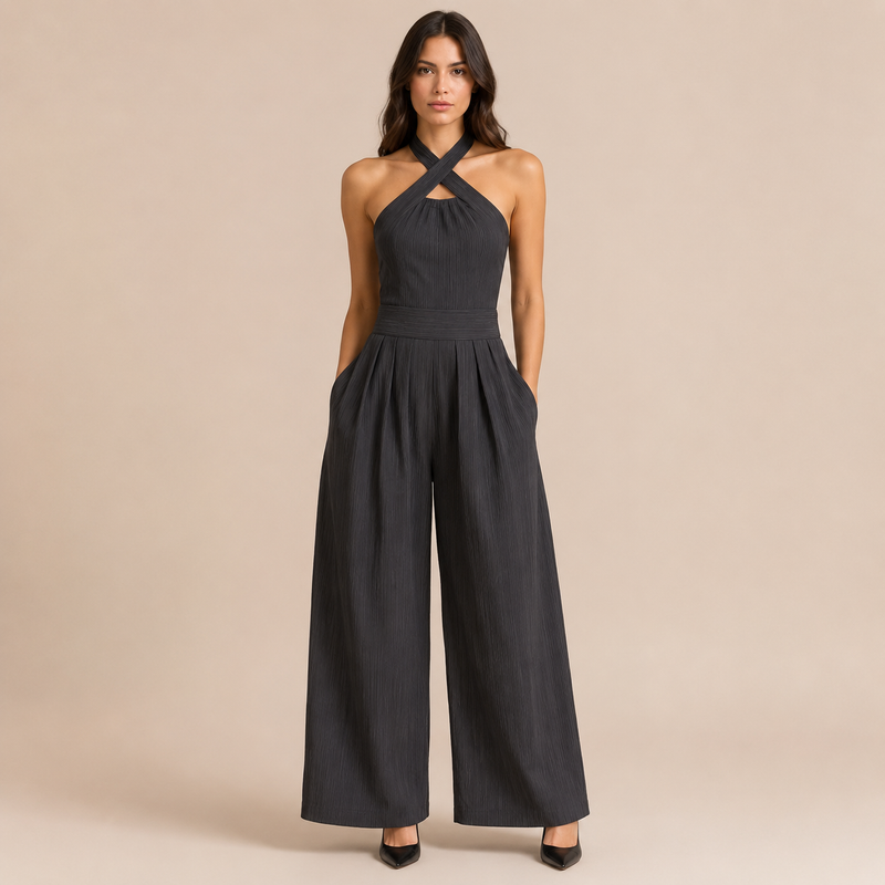 Verónica - Mono halter cruzado con pernera ancha y bolsillos