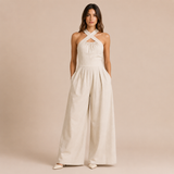 Verónica - Mono halter cruzado con pernera ancha y bolsillos