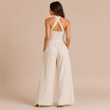 Verónica - Mono halter cruzado con pernera ancha y bolsillos