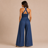 Verónica - Mono halter cruzado con pernera ancha y bolsillos