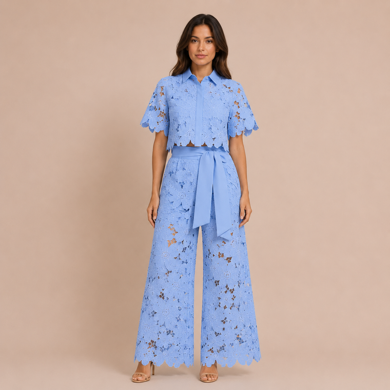 Cecilia - Conjunto de encaje bordado y pantalón palazzo con lazo