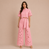 Cecilia - Conjunto de encaje bordado y pantalón palazzo con lazo