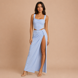 Aurora - Conjunto top escote cuadrado con falda satinada