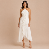 Olivia - Vestido halter plisado con volante asimétrico