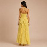 Olivia - Vestido halter plisado con volante asimétrico
