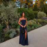 Eva - Vestido maxi strapless con fruncido lateral