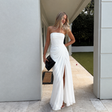 Eva - Vestido maxi strapless con fruncido lateral