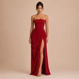 Eva - Vestido maxi strapless con fruncido lateral