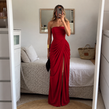 Eva - Vestido maxi strapless con fruncido lateral