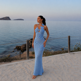 Mariposa - Vestido Maxi crochet con apliques de mariposas y escote halter