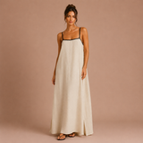 Lola - Vestido Maxi de lino con tirantes finos y ribete contrastante
