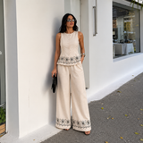 Esperanza - Conjunto de lino con bordado floral y pantalón palazzo