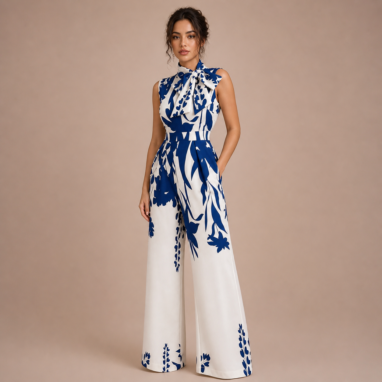 Bianca – mono estampado con lazo al cuello y pierna amplia