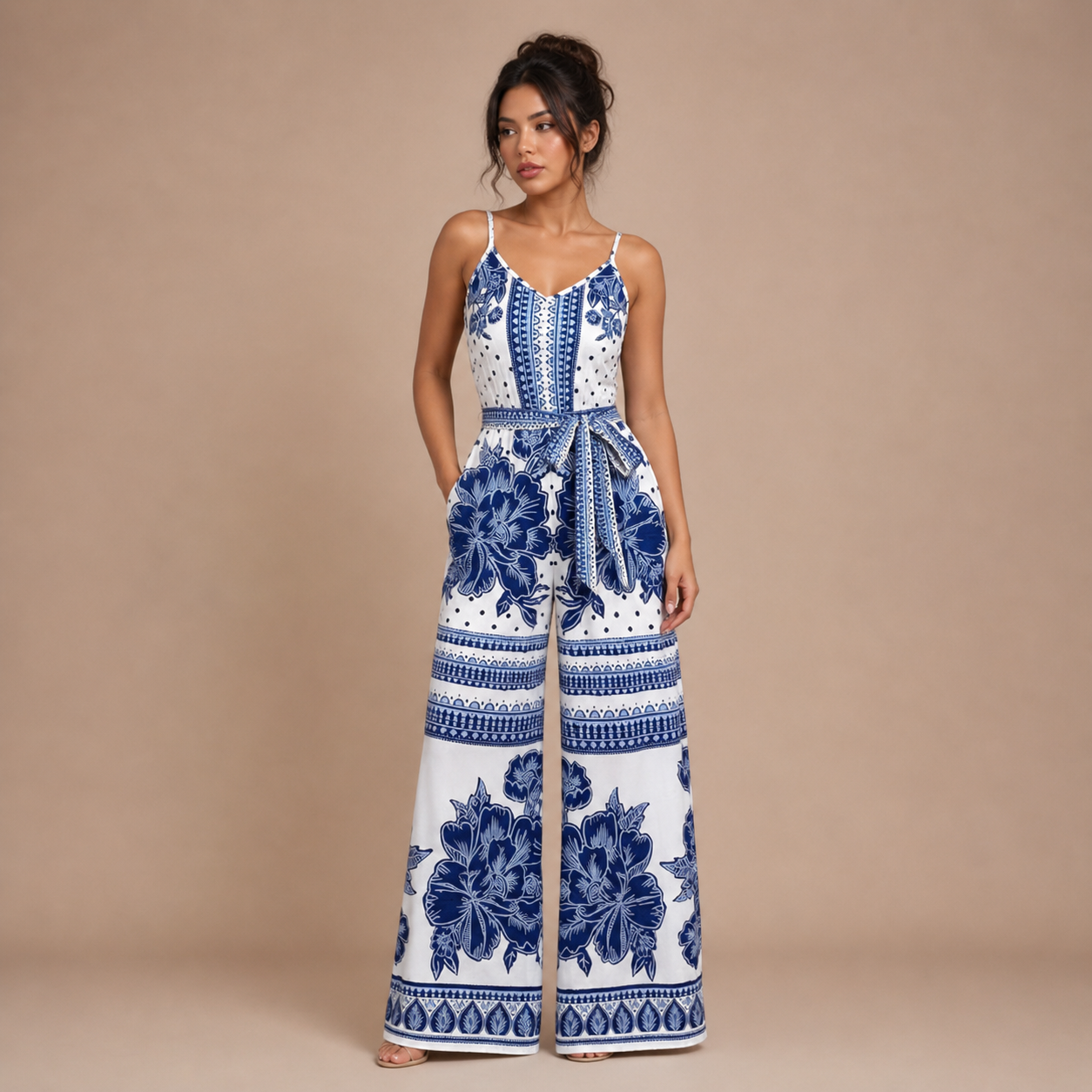 Salma – mono fluido con print floral y detalle de lazada en la cintura