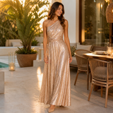 Aurora – vestido largo de corte asimétrico con brillo elegante