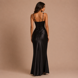 Verónica - Vestido maxi satinado con corpiño estructurado y silueta sirena