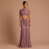Raquel - Vestido maxi fruncido con cintura descubierta y silueta sirena