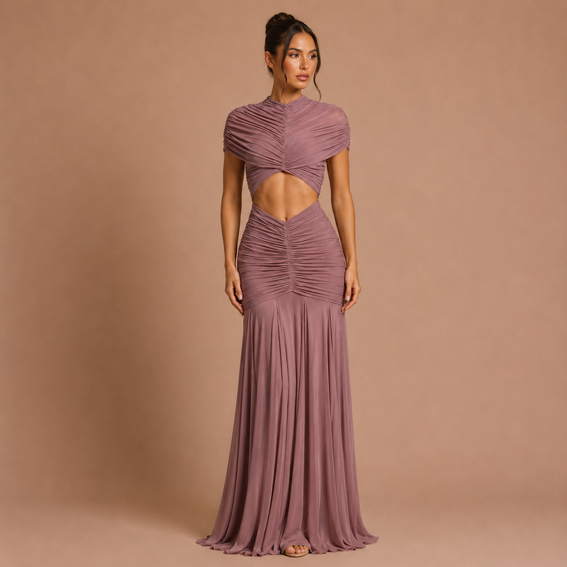 Raquel - Vestido maxi fruncido con cintura descubierta y silueta sirena