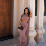 Raquel - Vestido maxi fruncido con cintura descubierta y silueta sirena