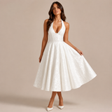 Ángela - Vestido midi halter con lazo y falda voluminosa
