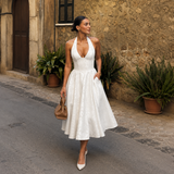 Ángela - Vestido midi halter con lazo y falda voluminosa