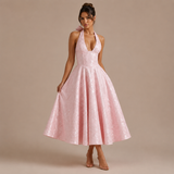 Ángela - Vestido midi halter con lazo y falda voluminosa