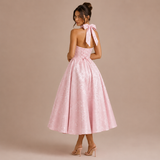 Ángela - Vestido midi halter con lazo y falda voluminosa