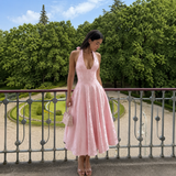 Ángela - Vestido midi halter con lazo y falda voluminosa