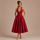 Ángela - Vestido midi halter con lazo y falda voluminosa