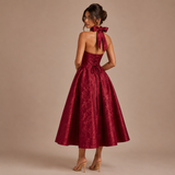 Ángela - Vestido midi halter con lazo y falda voluminosa