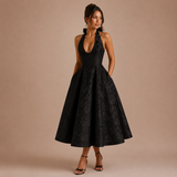Ángela - Vestido midi halter con lazo y falda voluminosa