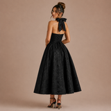 Ángela - Vestido midi halter con lazo y falda voluminosa