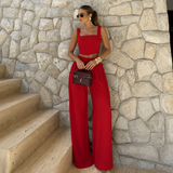Rocía - Conjunto crop top escote recto y pantalón palazzo con cordón