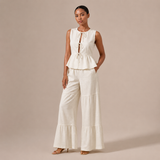 Lucía - Conjunto de lino, top con lazos y pantalón palazzo con volantes