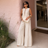 Lucía - Conjunto de lino, top con lazos y pantalón palazzo con volantes
