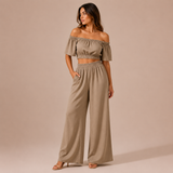 Isa - Conjunto crop top hombros descubiertos y pantalón palazzo