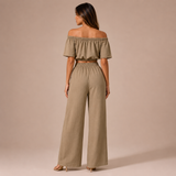 Isa - Conjunto crop top hombros descubiertos y pantalón palazzo