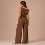 Andrea - Conjunto top drapeado asimétrico y pantalón recto fluido