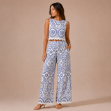 Daniela - Conjunto estampado azulejo con top sin mangas y pantalón recto